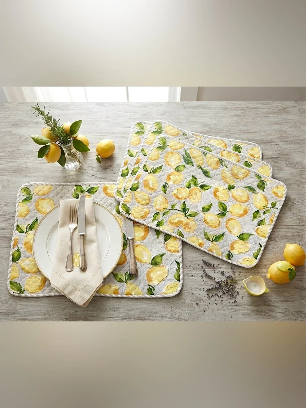 Lemon Print Quilted Placemat Set Reversible - Yellow